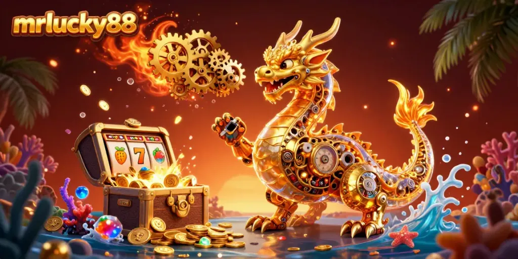 Experience thrilling adventures at mrlucky88 with a fantastic golden dragon illustration and slot game elements.