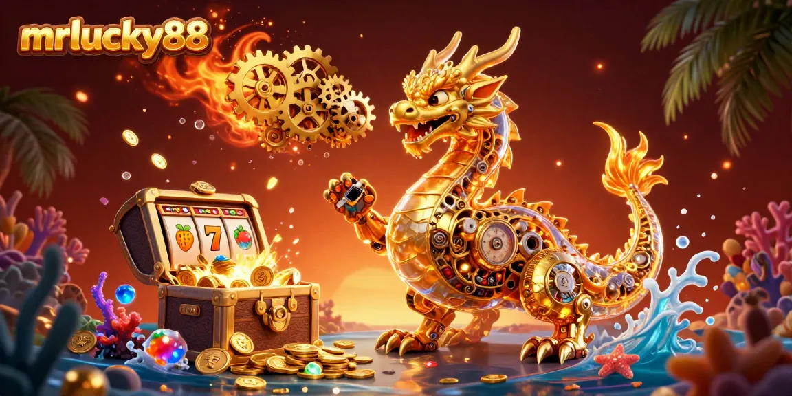 Experience thrilling adventures at mrlucky88 with a fantastic golden dragon illustration and slot game elements.