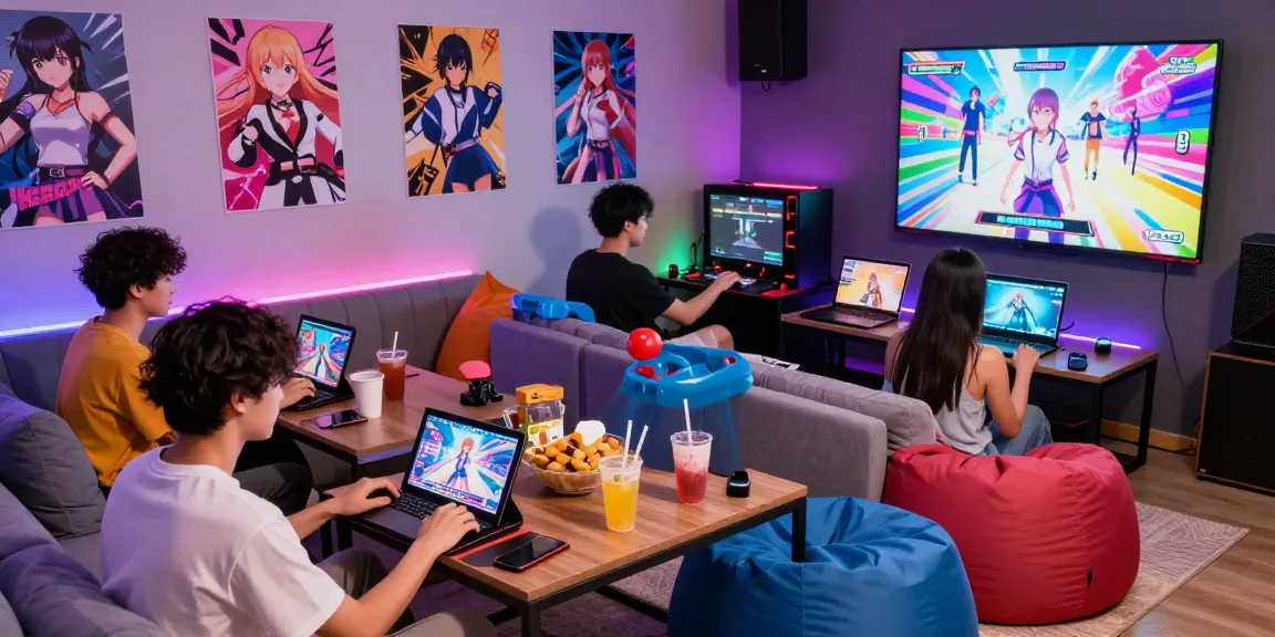 Excited gamers enjoying ecchi games in a vibrant gaming lounge.