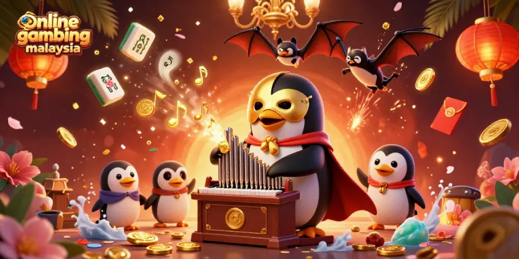 Experience excitement in online gambling Malaysia with a penguin playing a coin-shooting organ.