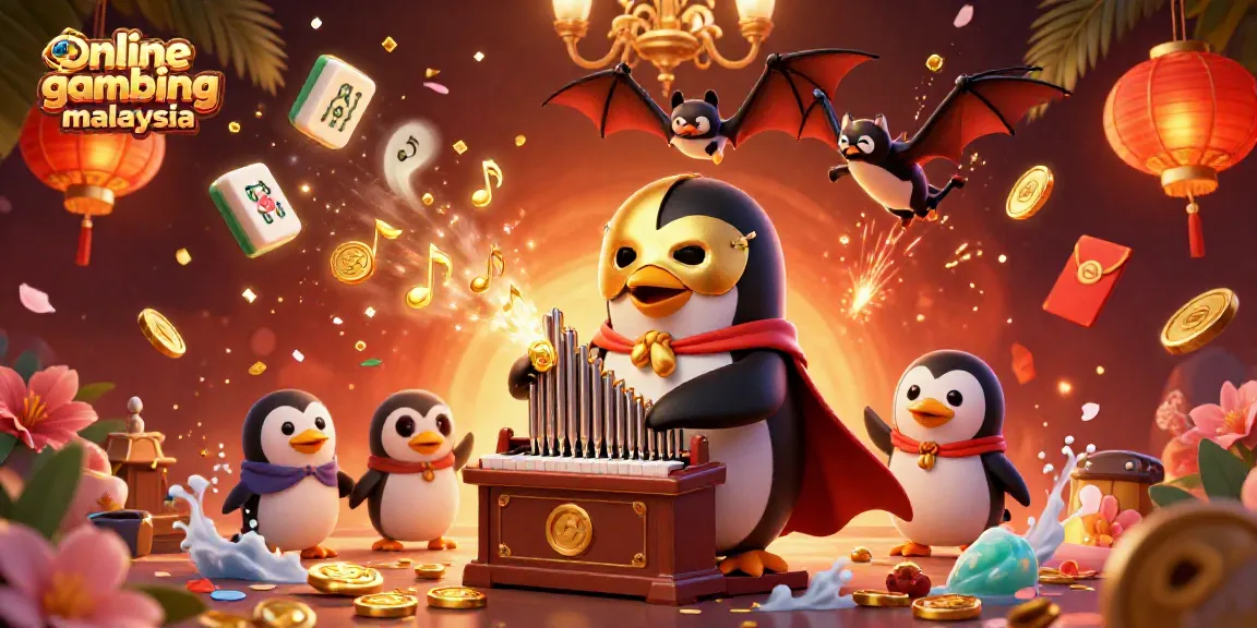 Experience excitement in online gambling Malaysia with a penguin playing a coin-shooting organ.