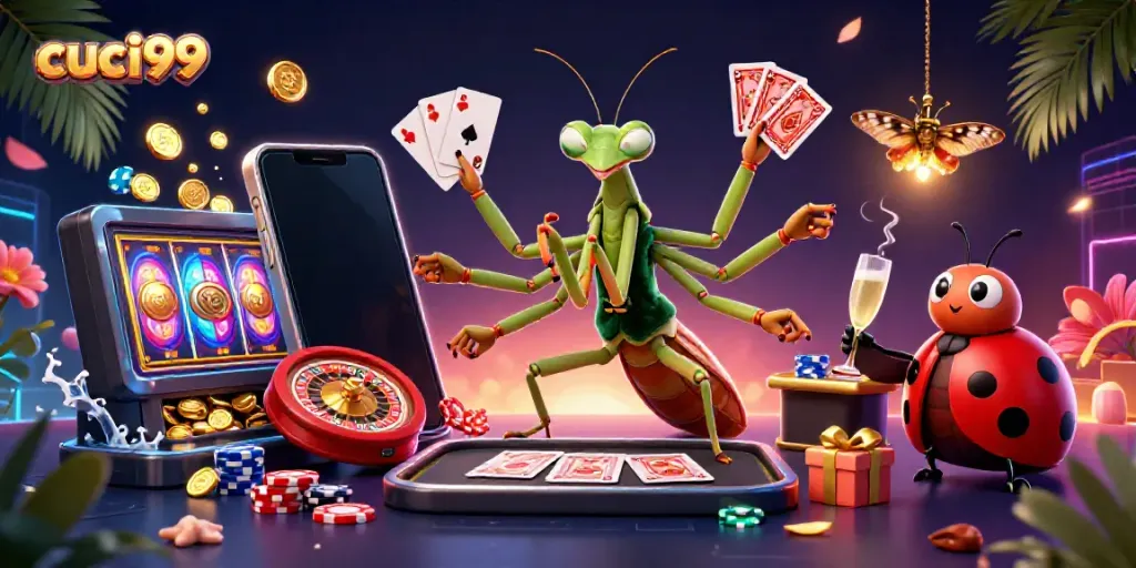 Experience vibrant gaming action at cuci99 with a unique 3D illustration featuring lively characters and casino elements.