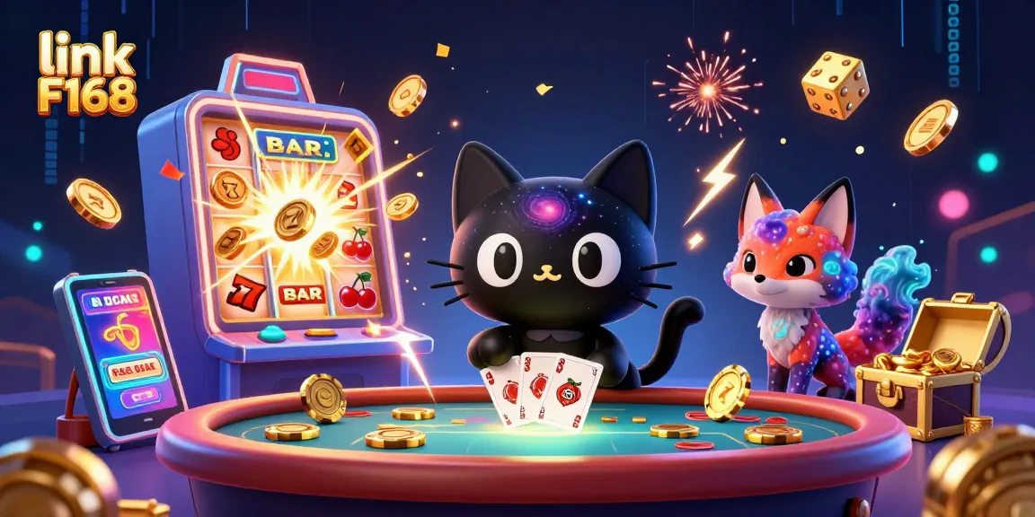 Experience the cosmic thrill with link F168 at an interstellar casino featuring a black hole cat and nebula fox.