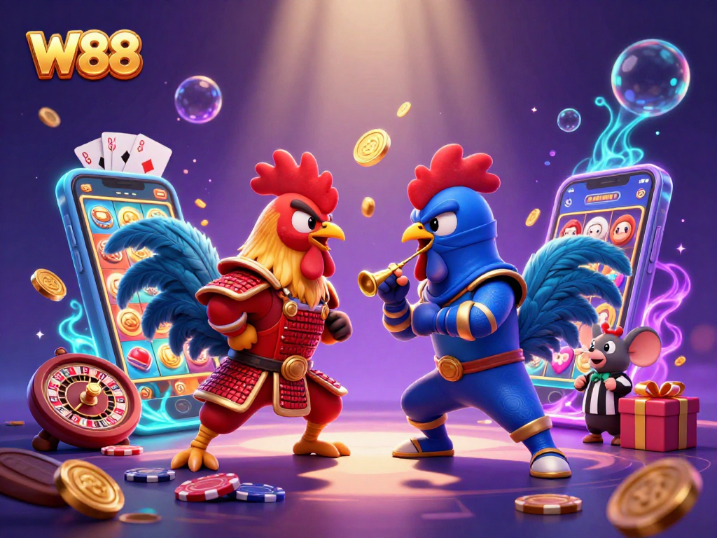 Experience thrilling W88 action with fighting roosters, dynamic casino elements, and rich colors.
