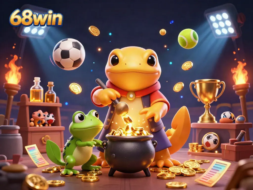 Experience the thrill of gaming at 68win with vibrant illustrations of the golden alchemist, sports elements, and immersive casino features.