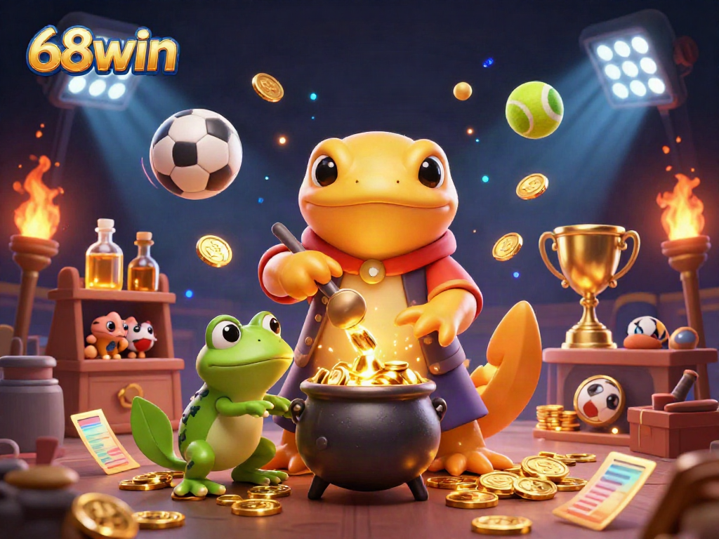 Experience the thrill of gaming at 68win with vibrant illustrations of the golden alchemist, sports elements, and immersive casino features.