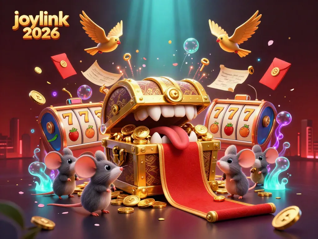 Experience the fun of joylink 2026 with a thrilling 3D treasure chest scene filled with slot reels and rich decorations.