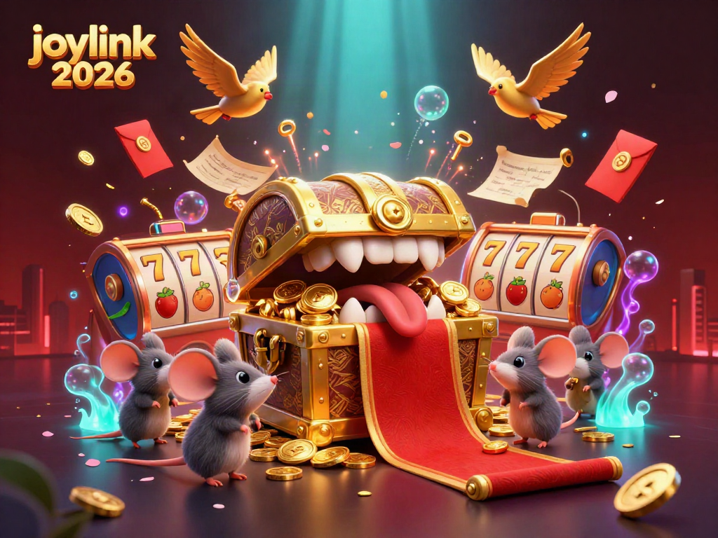 Experience the fun of joylink 2026 with a thrilling 3D treasure chest scene filled with slot reels and rich decorations.