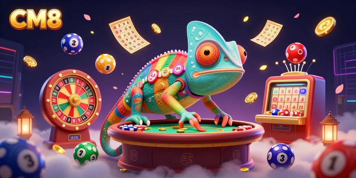 CM8 chameleon owner attracting golden coins amid vibrant casino elements.