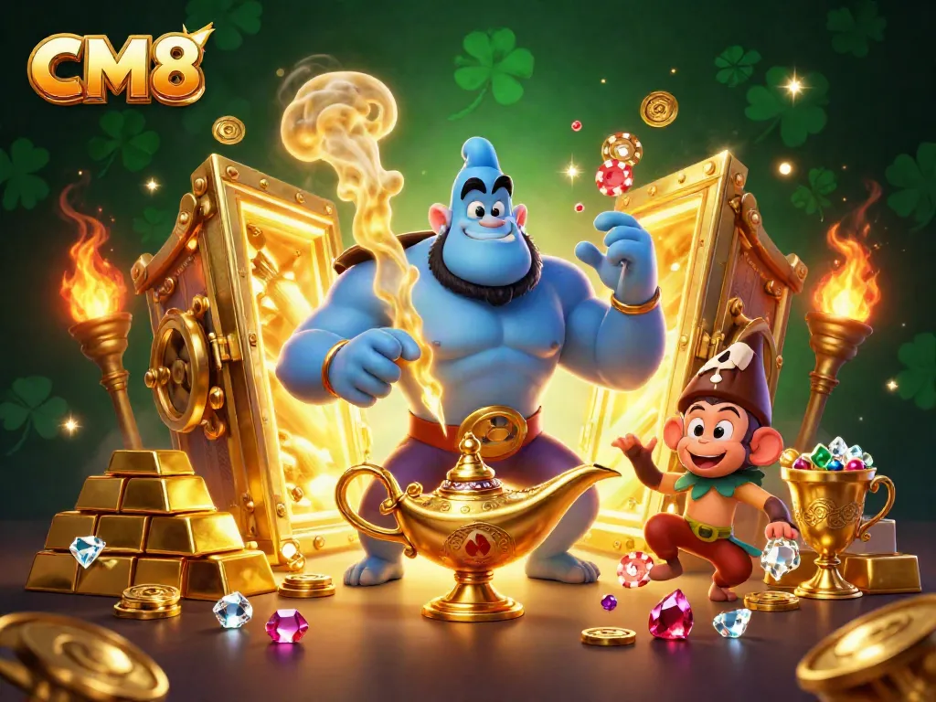 CM8 offers exhilarating gaming experience with a vibrant illustration of a genie, treasures, and poker chips.