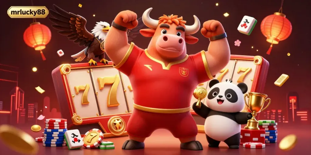 Engage with mrlucky88's vibrant winning atmosphere featuring a muscular bull, eagle, and panda celebrating around slot reels and festive decorations.