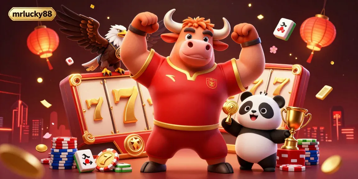 Engage with mrlucky88's vibrant winning atmosphere featuring a muscular bull, eagle, and panda celebrating around slot reels and festive decorations.