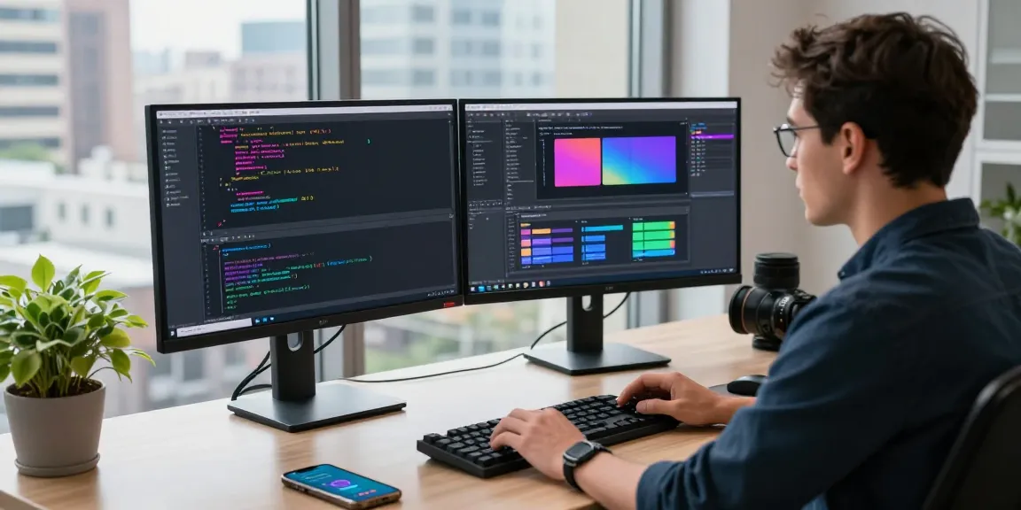 Developer coding on dual monitors in WhatsApp網頁版 workspace with vibrant interface elements and cityscape backdrop.