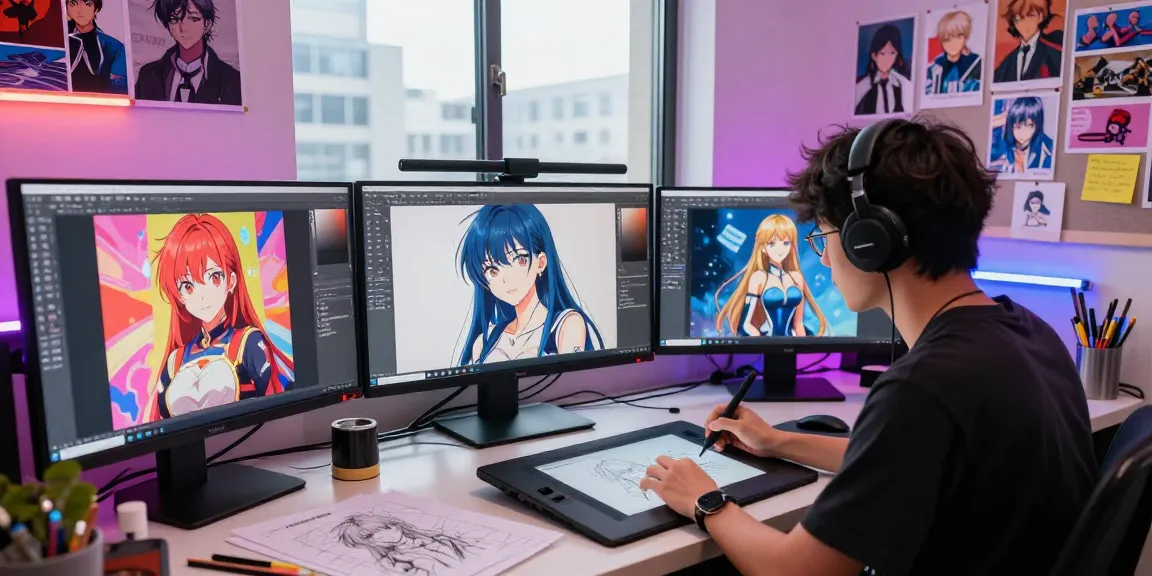 Creating AI ecchi anime characters in a vibrant digital art studio environment with modern workspace elements.