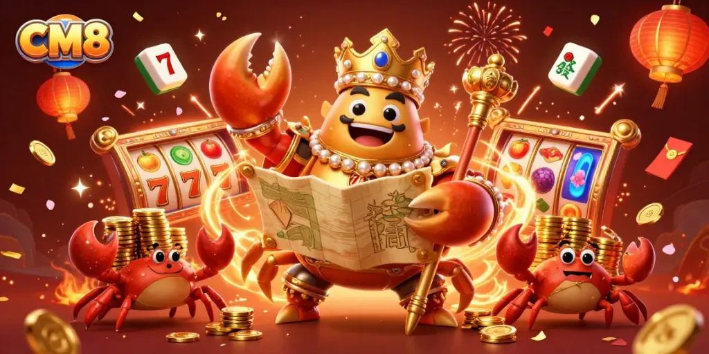Experience CM8 gaming with vibrant slot reels, a golden crab emperor, and festive celebration elements.
