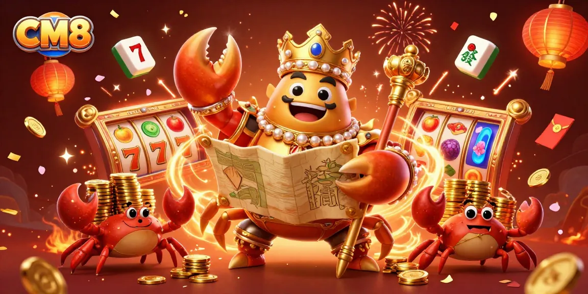 Experience CM8 gaming with vibrant slot reels, a golden crab emperor, and festive celebration elements.