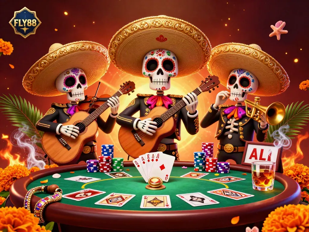 Experience vibrant FLY88 gameplay with a lively mariachi band and poker scene.