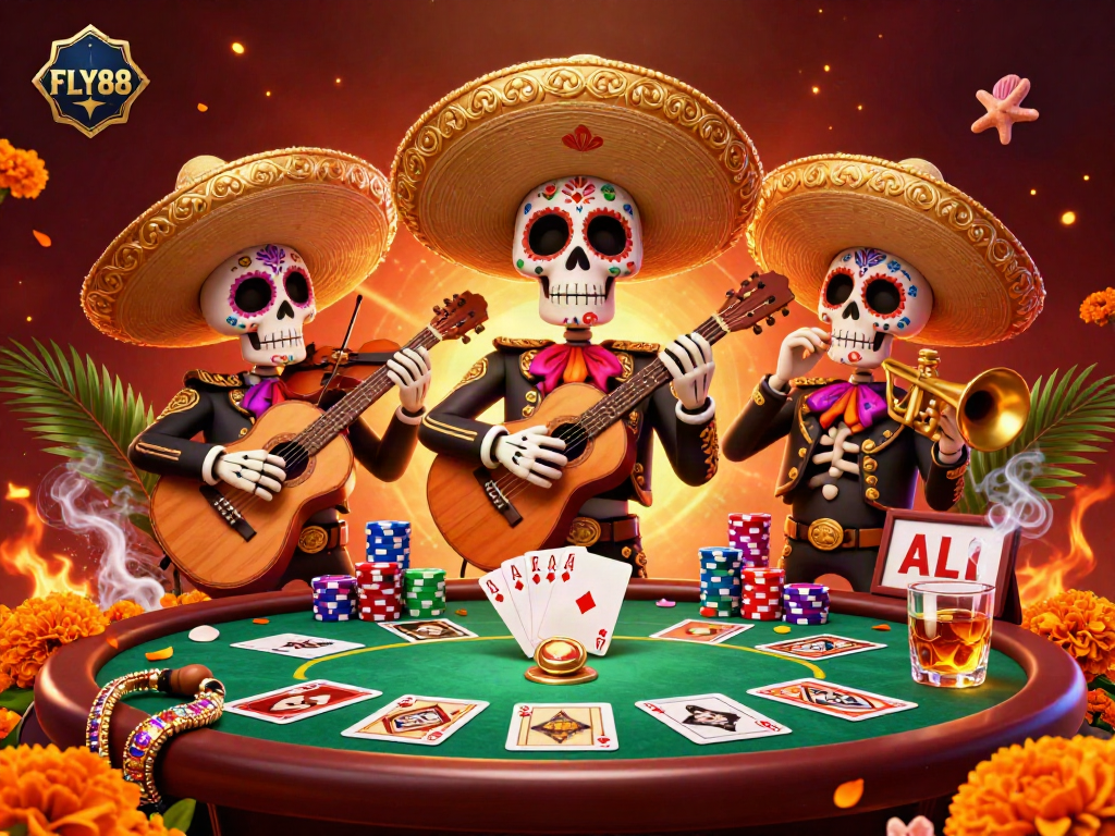 Experience vibrant FLY88 gameplay with a lively mariachi band and poker scene.