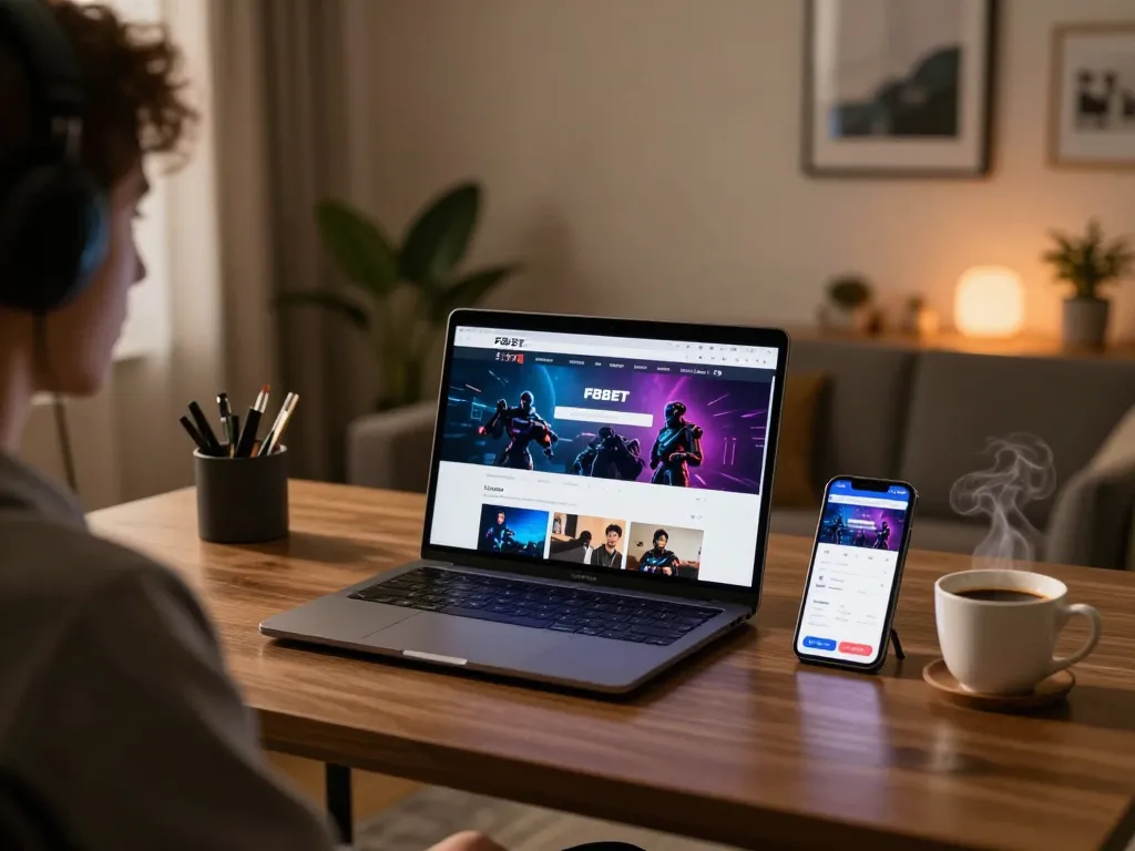 Engaging online gaming experience at F8BET with a laptop and smartphone setup, showcasing modern gambling