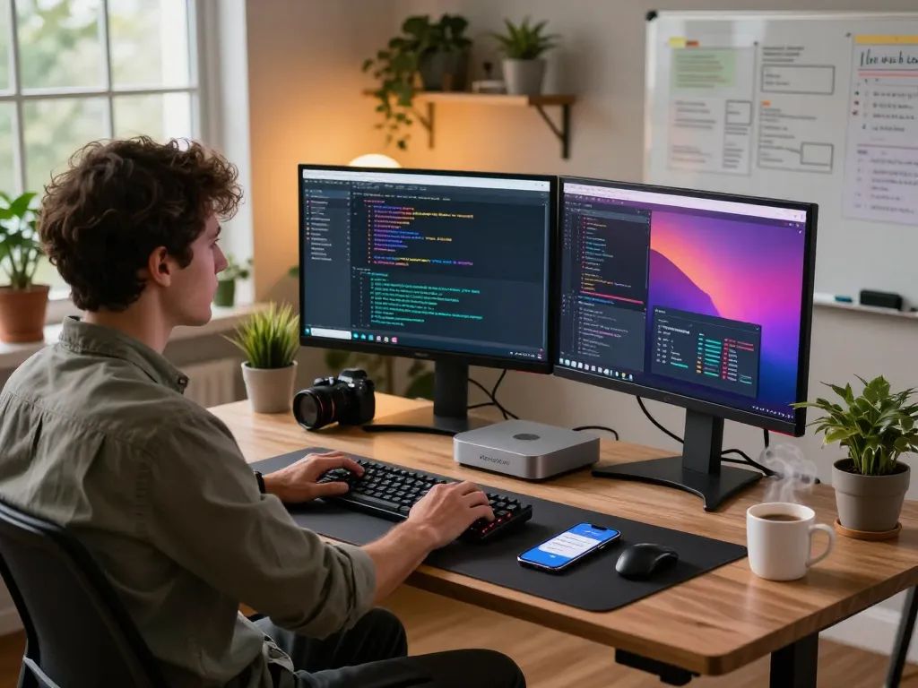 Showcase of Clawdbot Mac setup featuring coding workspace with Mac mini and dual monitors.