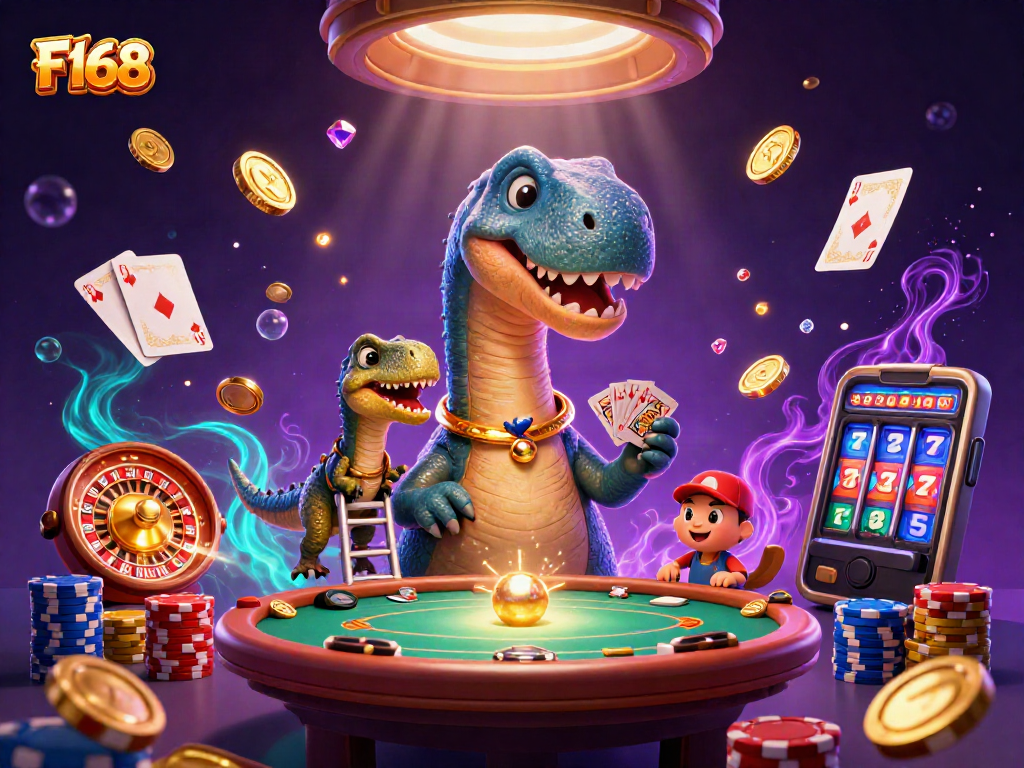 F168 encompasses thrilling casino action with a giant brontosaurus above a vibrant gaming scene.