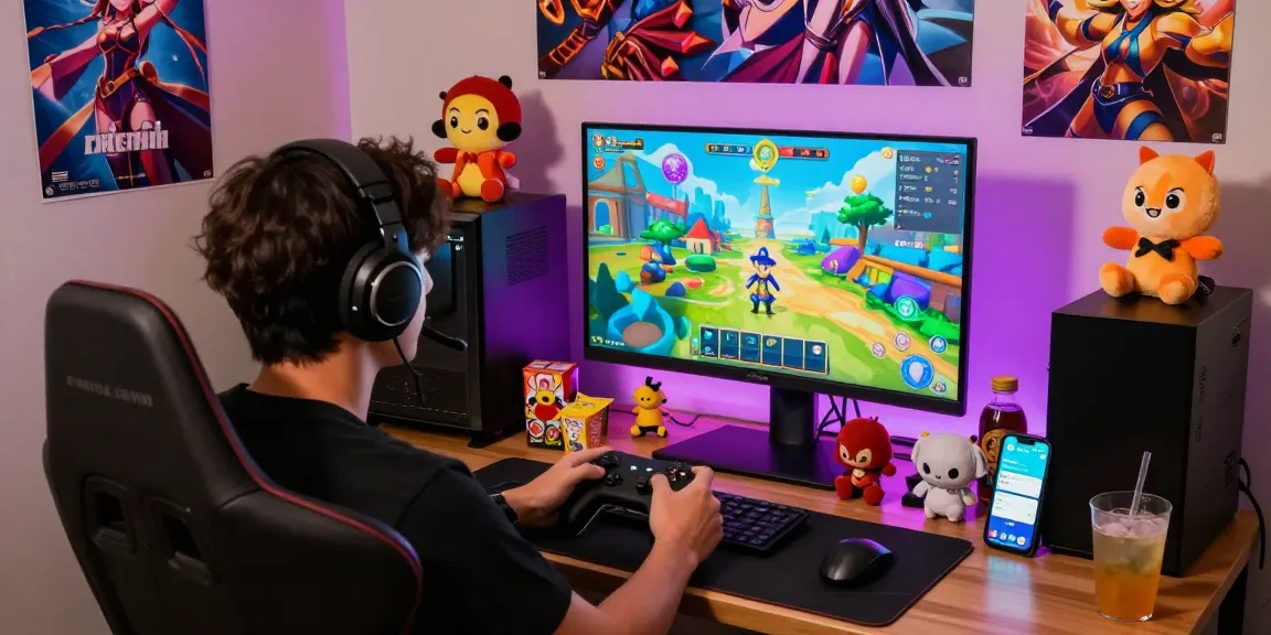 Player enjoying an interactive hentaigame in a colorful gaming environment with themed decor.
