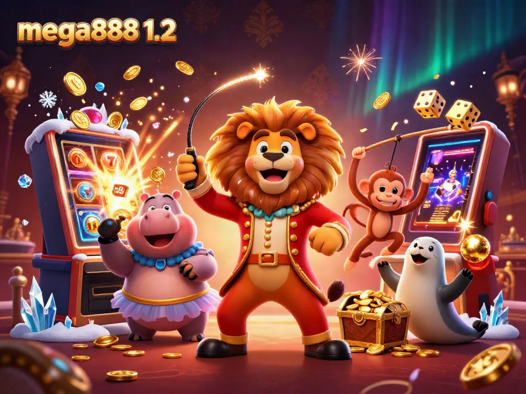 Engage with mega888 1.2 through a colorful circus scene, showcasing exciting casino elements and vibrant characters.