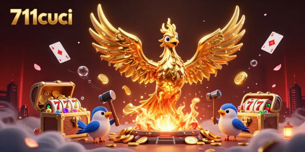Experience vibrant action at 711cuci as a golden phoenix emerges from molten metal, surrounded by dynamic slot games and treasures.