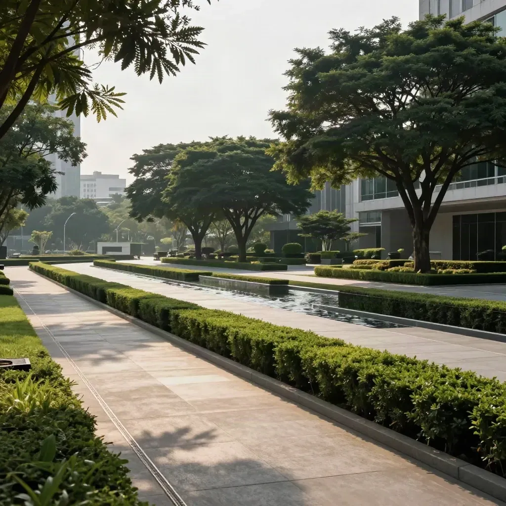 Plaza pejabat tersusun dengan pagar rendah, pokok dipangkas, dan jalur air memantul.