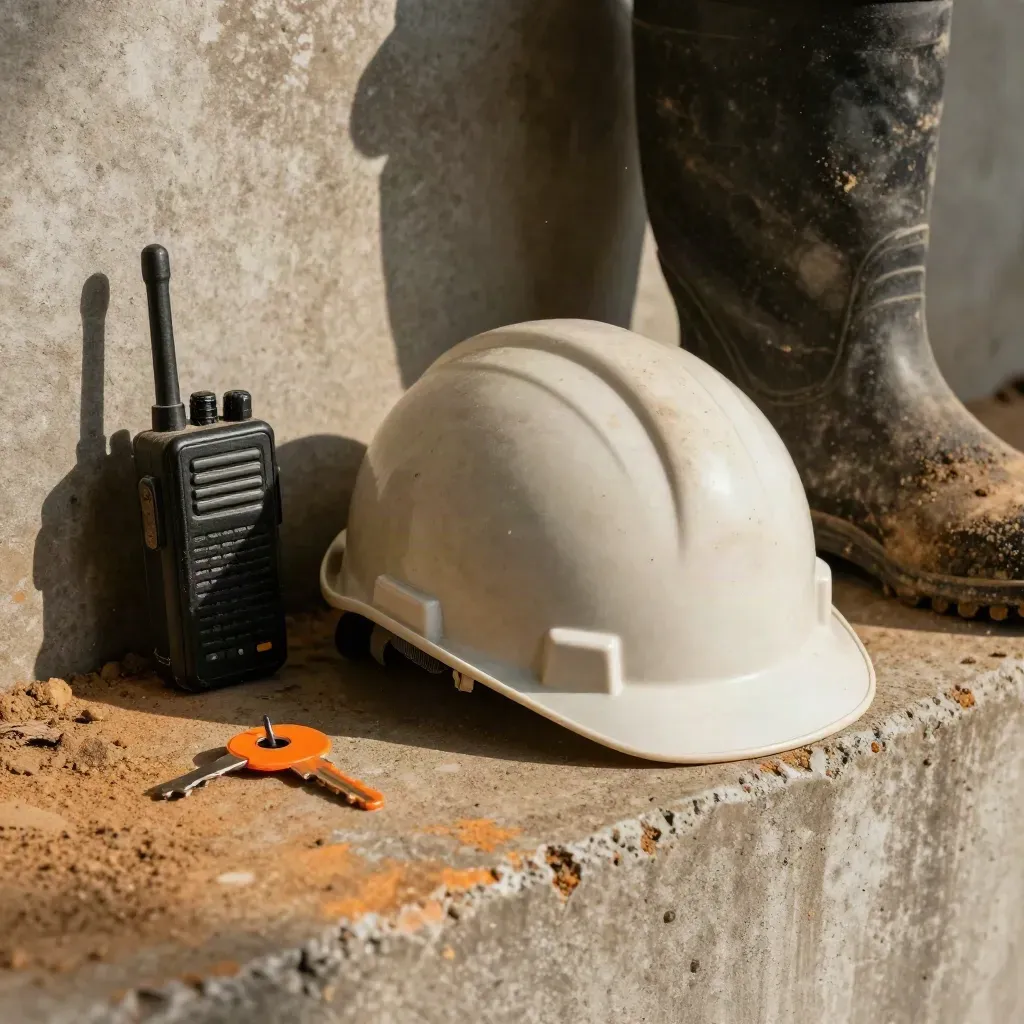 Topi keselamatan, walkie-talkie, but kasar dan pin tapak di atas ambang konkrit berdebu.