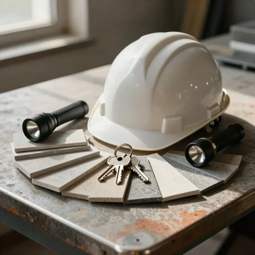Topi keselamatan, kunci, lampu suluh dan sampel paver tersusun di meja bengkel batu kelabu.