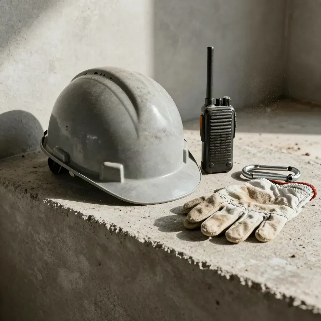 Topi keselamatan berhabuk, radio tapak, karabiner keluli dan sarung tangan di atas konkrit.