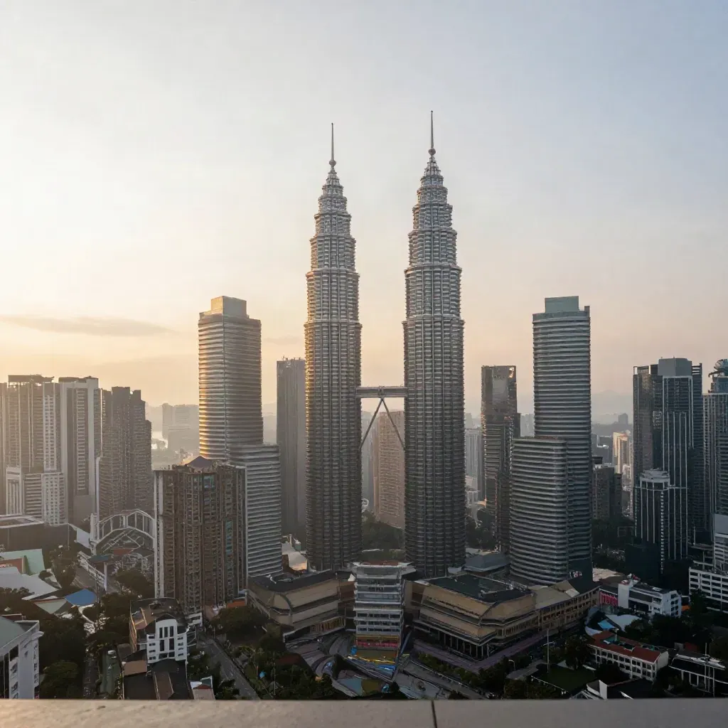 Siluet KL dengan Merdeka 118 dan Menara KL diselimuti kabus pagi emas