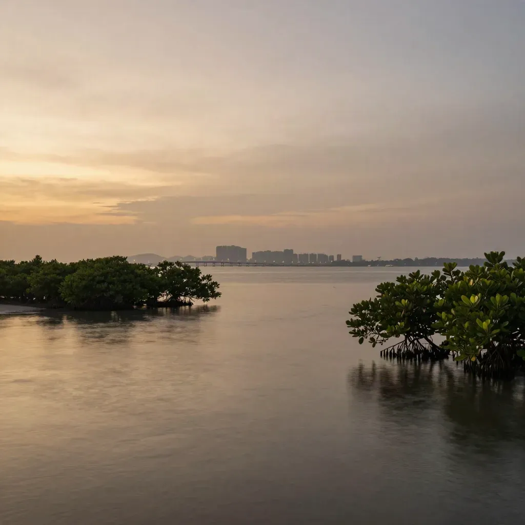 Pesisir Johor Bahru ketika senja, dengan lampu tambak jauh dan kabus laut lembut.