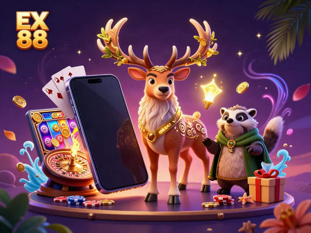 Experience the magic of EX 88 with animated casino elements surrounding enchanting characters.