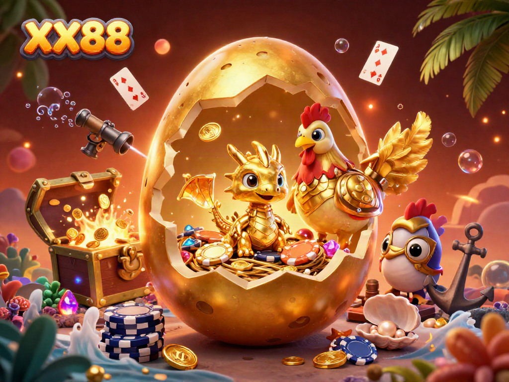 Experience the excitement of winning at XX88 with a stunning illustration of a golden dragon and casino elements.