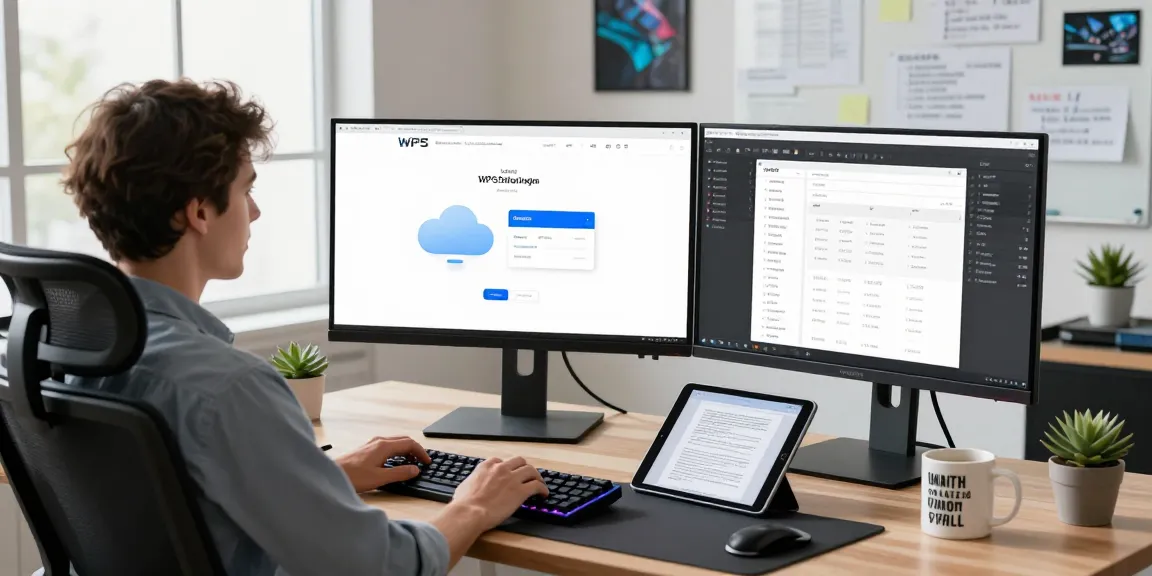 Dynamic workspace showcasing WPS Official Website on multiple monitors, highlighting cloud collaboration.