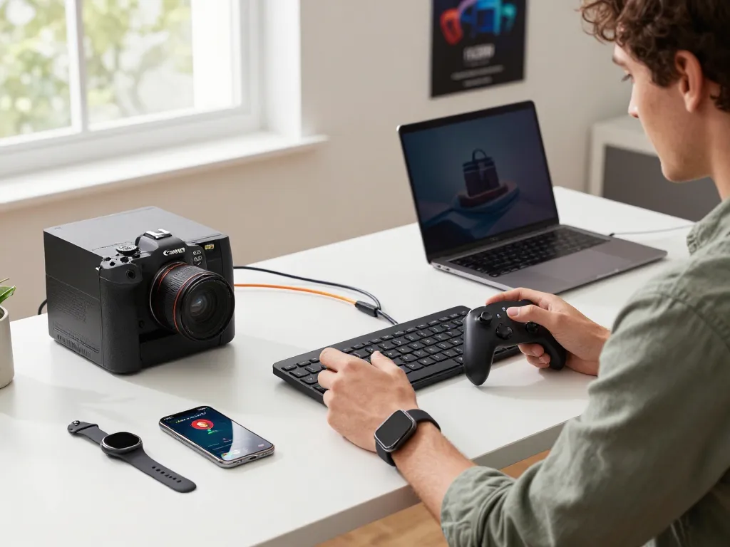 Affordable tech gadgets displayed in a vibrant workspace, including a Bluetooth controller, smartwatch, and keyboard.