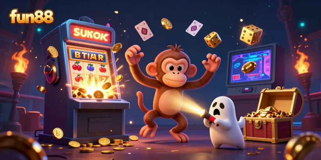 Engage in high-stakes fun88 action with a poltergeist monkey juggling golden coins in a haunted casino scene.
