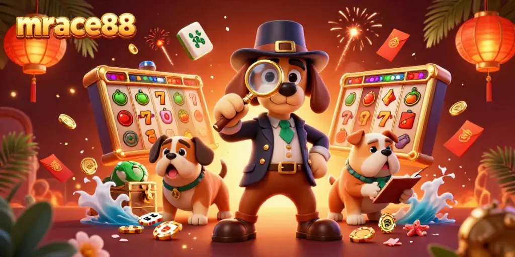 Experience the excitement at mrace88 with a detective and his dog uncovering treasures in a vibrant casino scene.