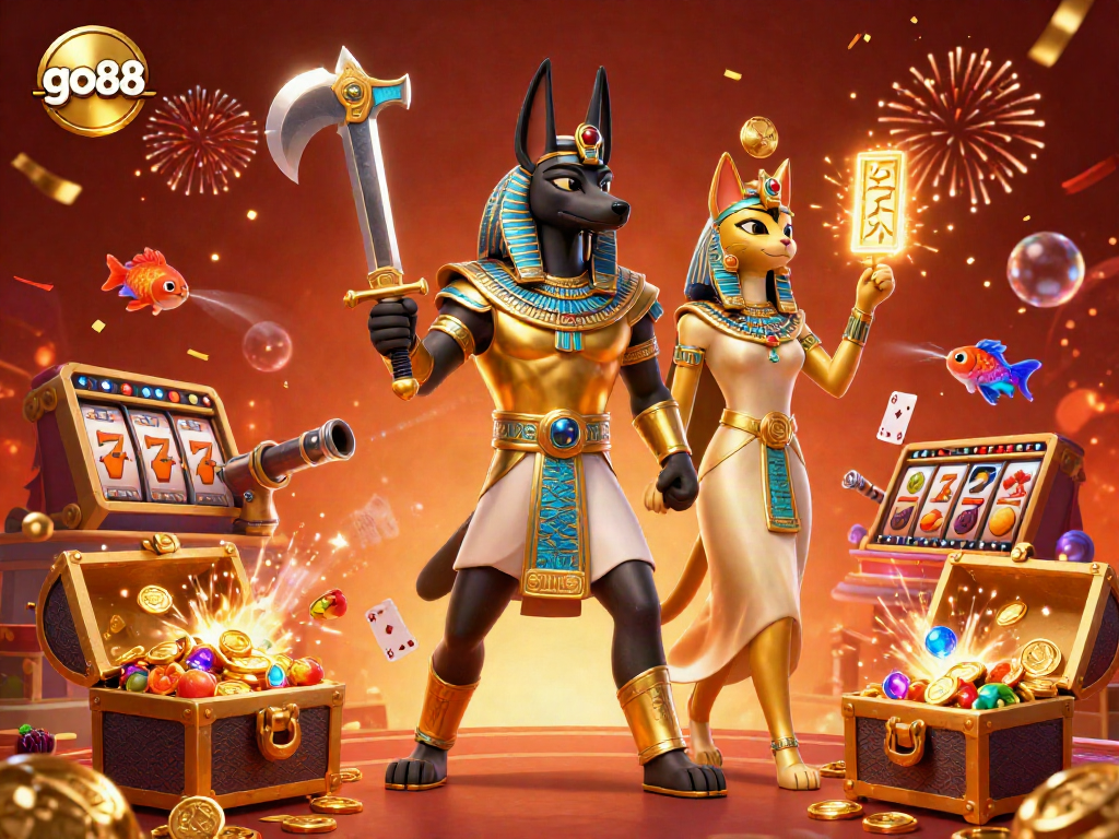Experience thrilling gameplay with go88, featuring 3D Anubis and Bastet, alongside vibrant jackpot elements.