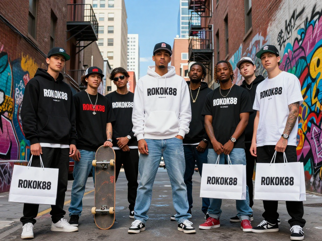 Vibrant urban street fashion with ROKOK88 super exclusive Machine Gun Kelly merchandise, showcasing confident individuals in a lively city alley.