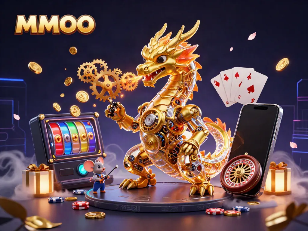 Experience thrilling MMOO gaming with a golden dragon and vibrant slot elements in a mystical setting.
