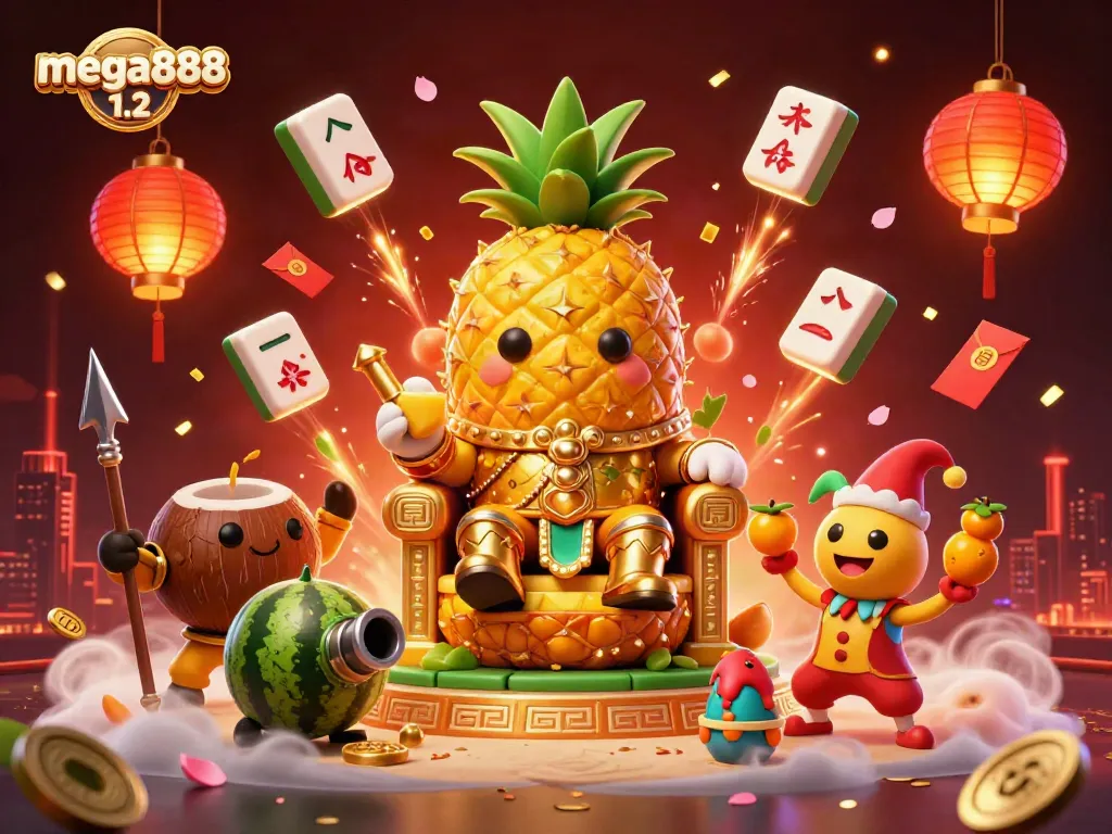 Experience fun with mega888 1.2, featuring vibrant characters and symbols in a lively casino scene.