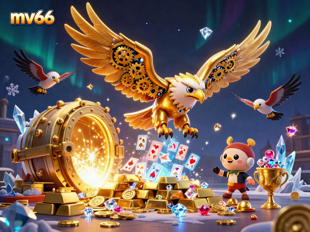 Experience thrilling gameplay at mv66 with a cybernetic eagle diving through casino elements.