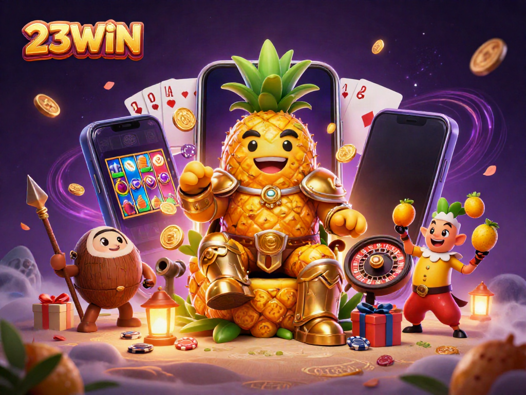 Experience the excitement of 23WIN with golden characters and casino elements in a vibrant 3D scene.