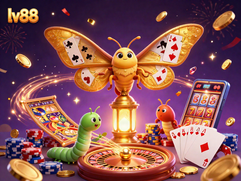Experience thrilling gameplay at lv88 with vibrant 3D illustrations of gold coins and cards.