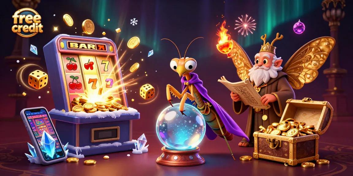 Engage with free credit offers while exploring a vibrant casino scene filled with fortune tellers and jackpots.