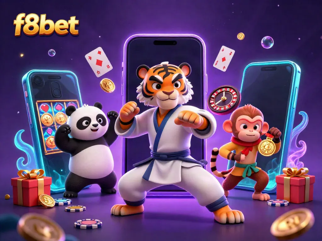Experience thrilling wins with f8bet in this dynamic 3D illustration with iconic casino elements.