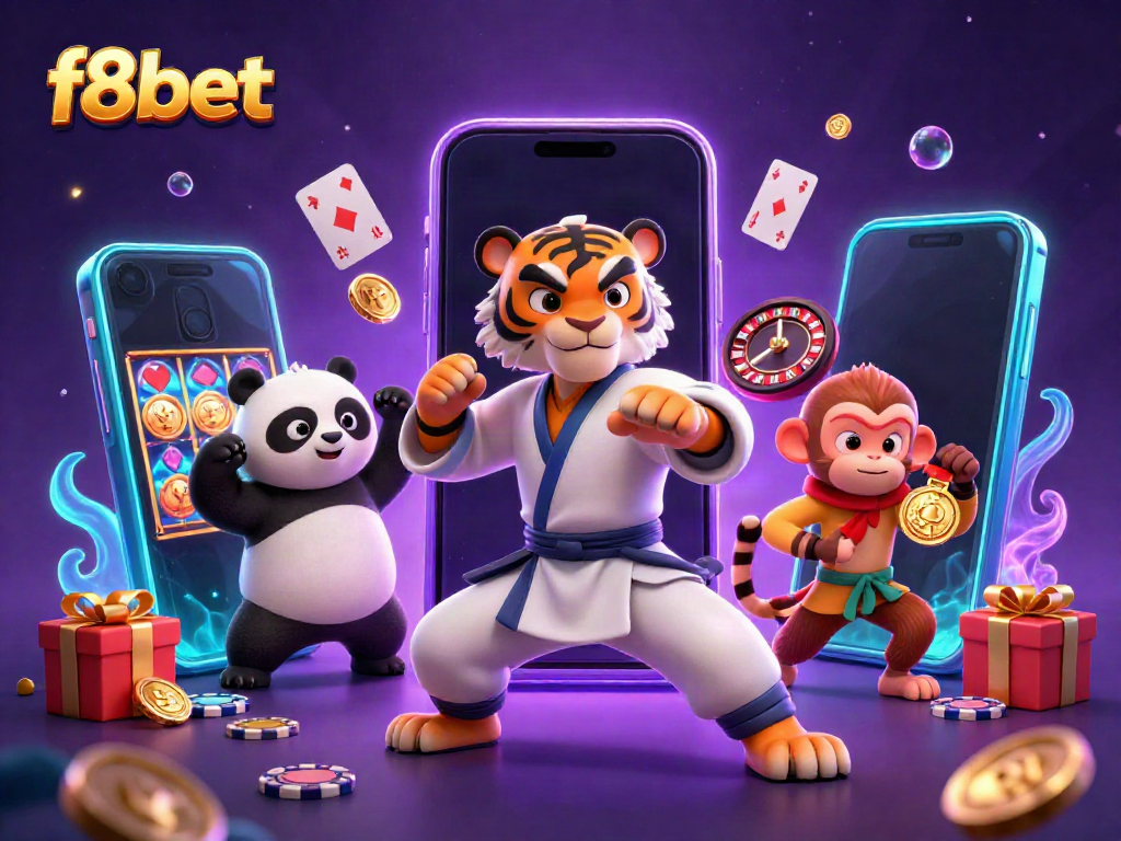 Experience thrilling wins with f8bet in this dynamic 3D illustration with iconic casino elements.